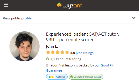 Verified Wyzant profile showing 5.0 star rating